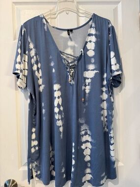 Blue Tie-Dye Lace-Up V-Neck Cover Up